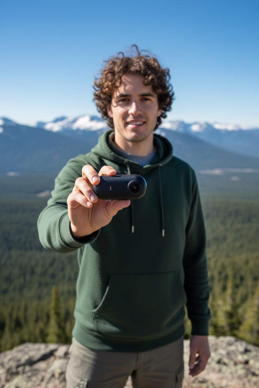 Young Adventurer holding Thumb Sports Camera